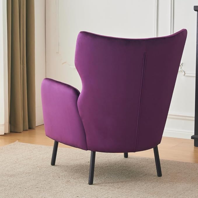 Chair reclinerWingback Velvet Accent Chair Modern Upholstered Armchair for Living Room Bedroom and Reception Area Comfortable Single Sofa Chair with Metal Legs and Pillow (Purple + Velvet)