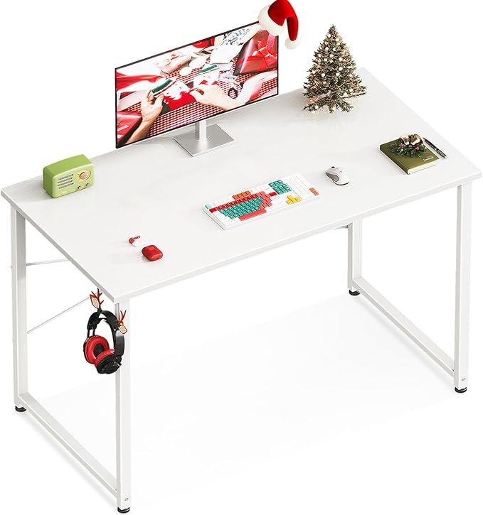 Casaottima 40 Inch Small Computer Desk for Home Office Study Writing Table for Small Spaces Simple Modern Desk with Headphone Hooks White