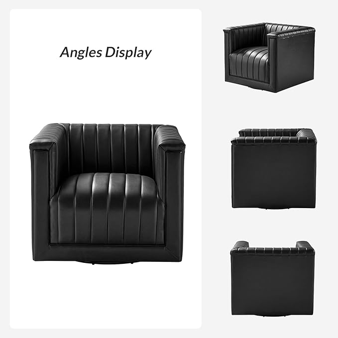 HULALA Home Faux Leather Swivel Accent Chair Boxy Silhouette Chair with Striped Arm Leather Barrel Chair with Herringbone Pattern(Black)