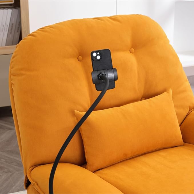 Power Recliner Sofa Chair 270 Degree Swivel Leisure Single Sofa with Button Control Wireless Speaker USB Ports Hidden Arm Storage Phone Holder for Living Room Orange Fabric (Without LED)
