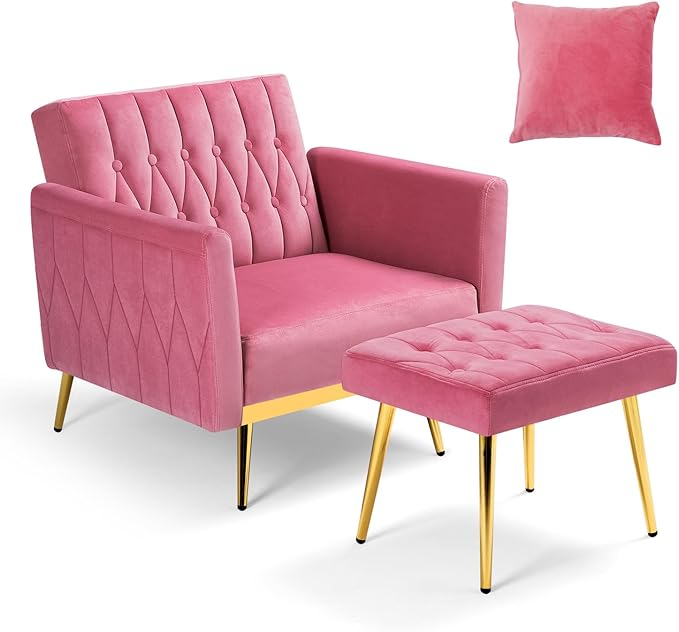 Velvet Accent Chair with Adjustable Armrests and Backrest Button Tufted Lounge Chair Single Recliner Armchair with Ottoman and Pillow for Living Room Bedroom Pink