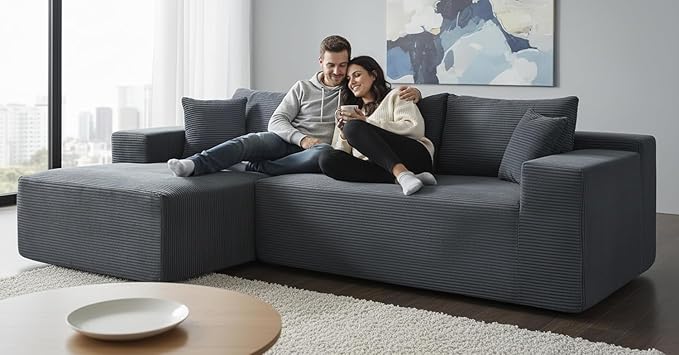 Ridge 2-Piece Convertible Corduroy L-Shaped Sofa in a Box with Pillows 3-Seater Modular Sectional Couch Compressed Living Room Furniture Dark Grey (Left Facing)
