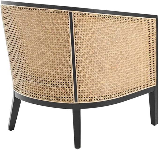 Pemberly Row Accent Arm Chair Rattan Frame with Black Legs Natural Linen Cushion Barrel-Back Design 300 lbs Weight Capacity 28 W x 30 D x 29.5 H Living Room Seating