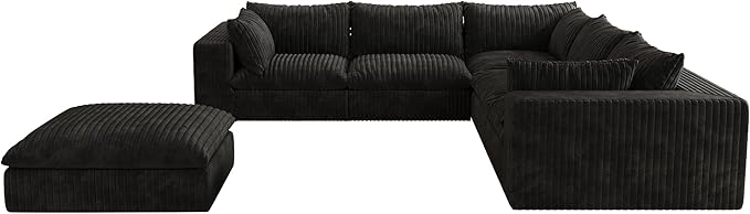 118.2 Modern V Shaped Corner Sofa Comfy Modular Sectional Cloud Couch with Plush Corduroy Fabric Deep Seat Upholstered Sofa Boneless Couches for Living Room No Assembly (Black + Ottoman)