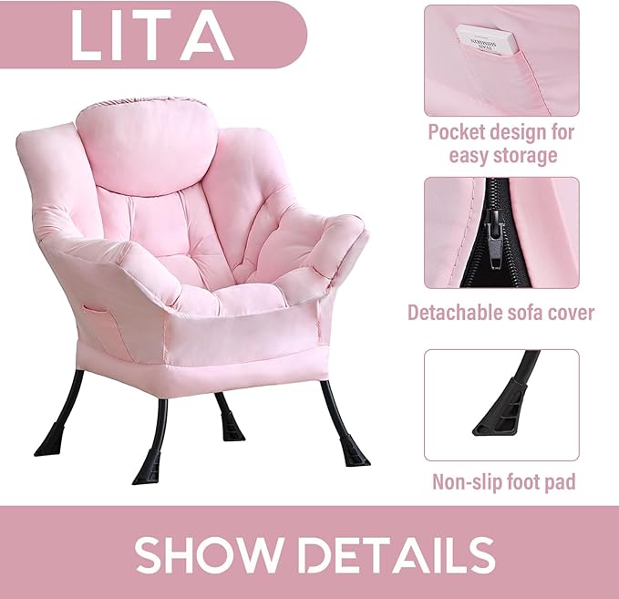 LITA Lazy Chair with Armrests and Side Pocket Modern Upholstered Accent Reading Chair for Living Room Bedroom Dorm Small Spaces Single Pink