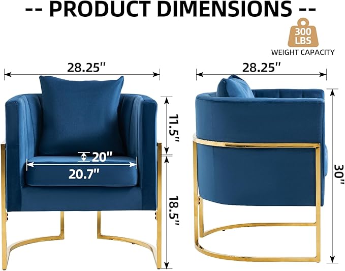 X-VOLSPORT Velvet Accent Chair Modern Barrel Arm Chair for Living Room/Bedroom/Guest Reception Upholstered Club Armchair with Pillow &amp Gold Base Navy Blue