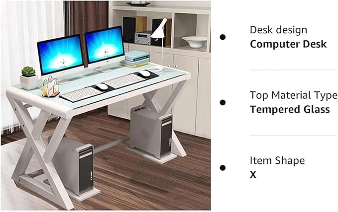 BINGTOO 55.1 Glass Top Computer Desk with Metal Frame - Modern Simple Workstation for Home Office Gaming Writing Study &amp Work White