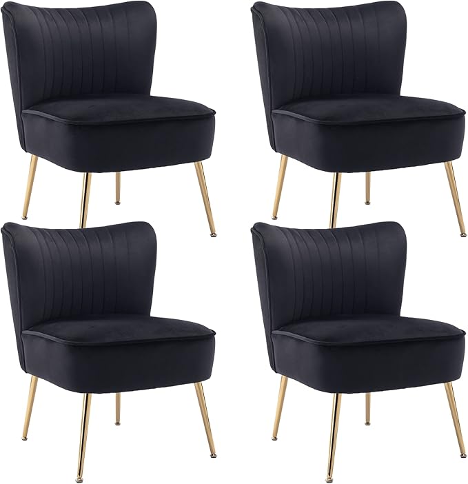 Velvet Accent Chair Set of 4 Comfy Upholstered Side Chair with Gold Metal Legs and Padded Seat Modern Small Corner Armless Living Room Chairs with Wing Back Black