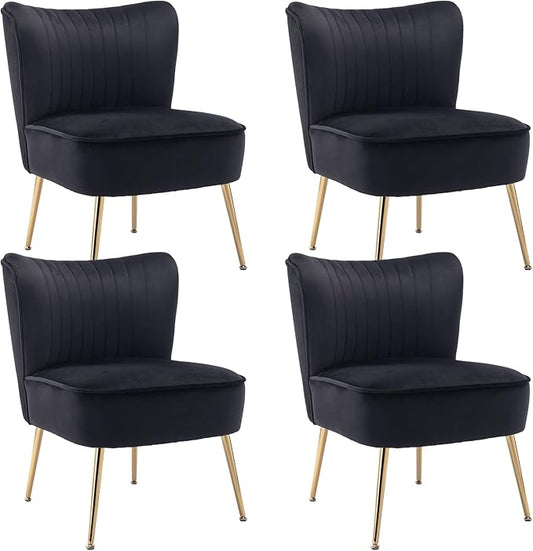 Velvet Accent Chair Set of 4 Comfy Upholstered Side Chair with Gold Metal Legs and Padded Seat Modern Small Corner Armless Living Room Chairs with Wing Back Black