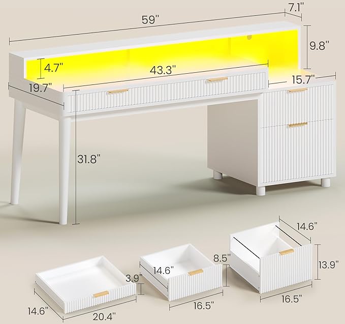 SEDETA Office Desk with 4 Storage Drawers 59 Fluted Wood Gaming Computer Desk with LED Lights and Power Strip Modern Writing Desk Study Table for Home Office Living Room Bedroom White