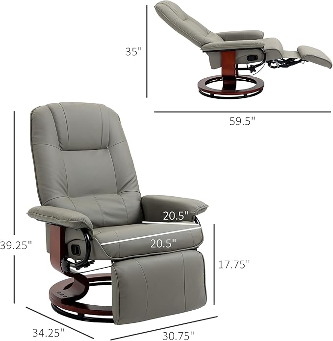 HOMCOM Faux Leather Manual Recliner Adjustable Swivel Lounge Chair with Footrest Armrest and Wrapped Wood Base for Living Room Gray
