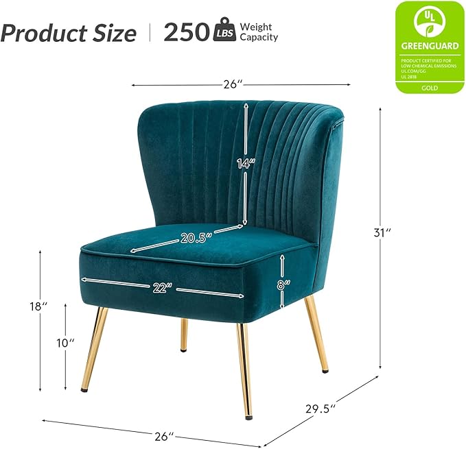 HULALA Home Velvet Accent Chair Set of 2 Modern Armless Upholstered Side Chair with Glam Gold Metal Legs for Vanity Living Room Bedroom - Teal