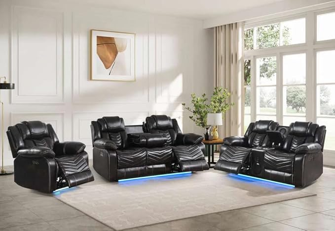 First of a Kind Modern Black Recliner Chair - Premium Leather Bedroom Chair with Plush Cushioning - Woven Fabric &amp LED Base Lighting for Luxurious Home-Theater Experience