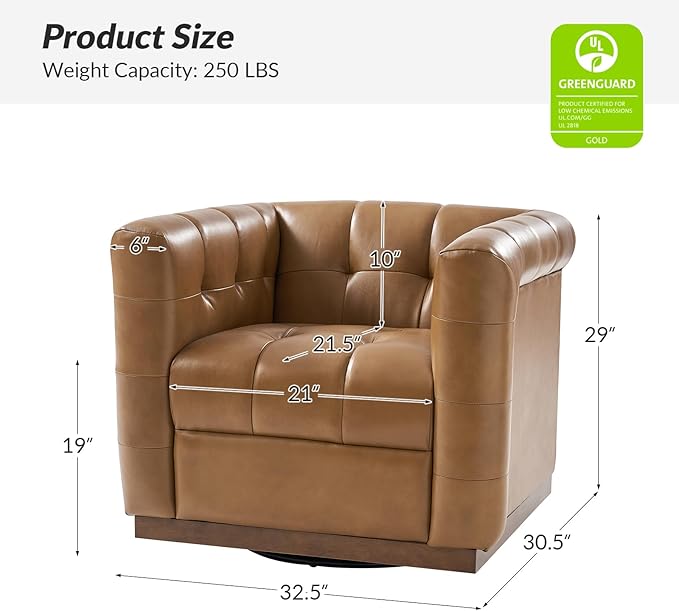 HULALA HOME Genuine Leather Swivel Accent Chair with Wooden Base Mid Century Modern Square Accent Chair for Living Room Bedroom Club Camel