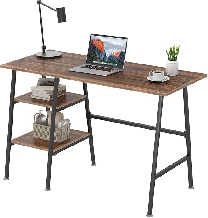 VECELO 43 Inch Computer Desk Writing Study Work Office Table Modern Desk with Shelves Wooden Desk for Home BedroomWalnut Desk