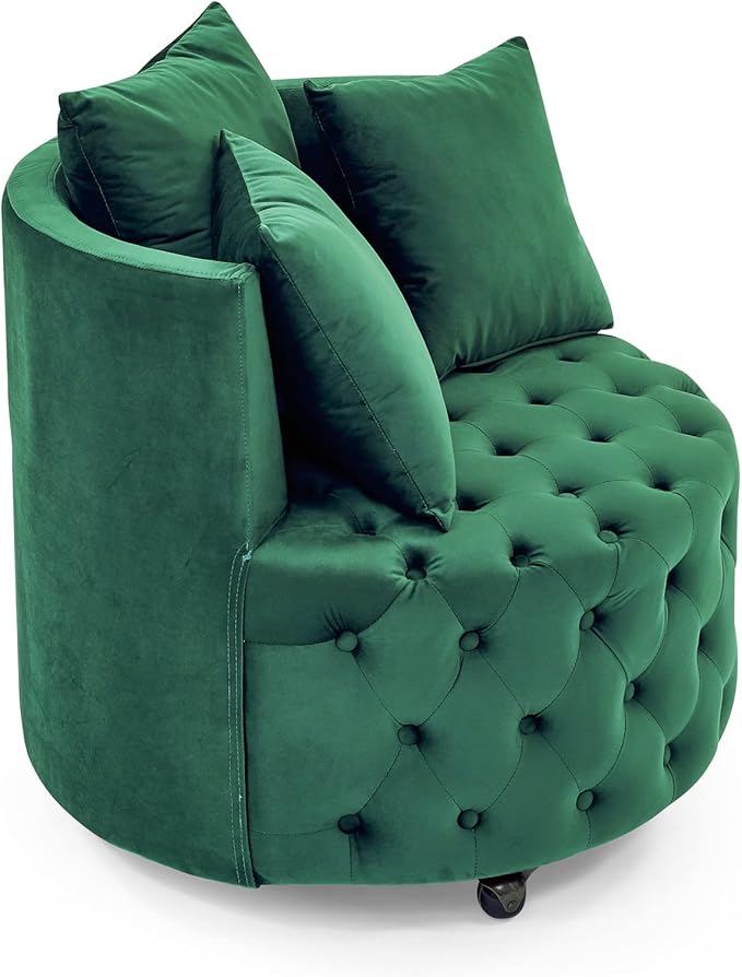YAFF Velvet Upholstered Swivel Chair for Living Room with Button Tufted Design and Movable Wheels Including 3 Pillows Green-768