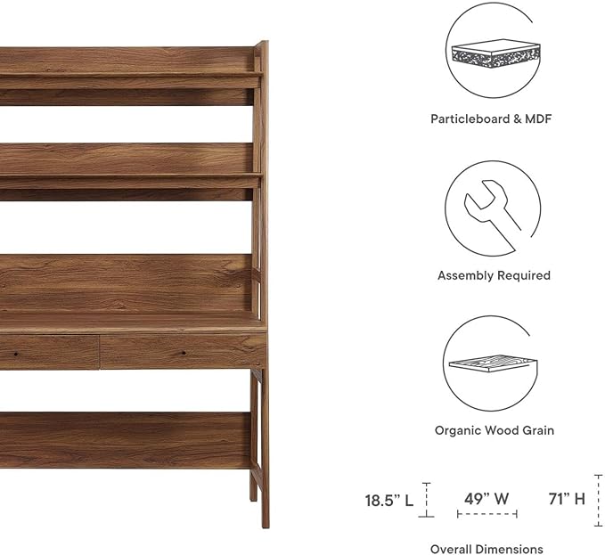 Pemberly Row Modern Particleboard and MDF Office Desk Walnut Finish 71 in x 49 in x 18.5 in Slim Tiered Design with Shelves and Full-Extension Drawers Home Office Workspace Furniture