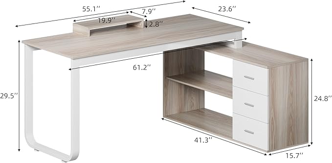 HOMBCK L Shaped Desk with Drawers and Shelves 55 Office Desk with Storage Removable Monitor Stand Reversible L Shaped Desk Corner Desk for BedroomHome Office White &amp Walnut