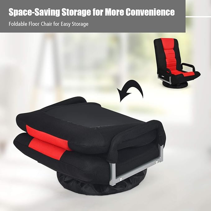 Giantex Floor Chair 360 Degree Swivel Chair with Adjustable Backrest Lumbar Support Armrest Foldable Lazy Sofa Rocker for TV Reading Playing Video Games Black/Red