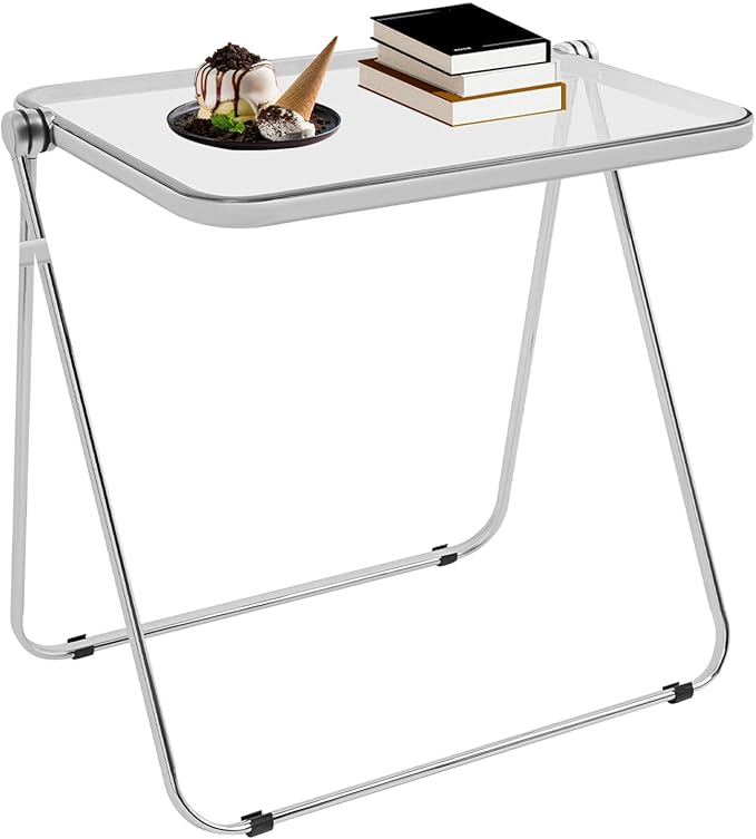 Folding TV Tray Table Acrylic Foldable Desk No Assembly Required Mini Folding Desk for Home Office Living Room Bed Room Outdoor (Silver + Clear)