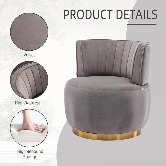 360 Degrees Swivel Velvet Accent Chair Round Barrel Chair with Ergonomic Design for Living Room Bedroom Office