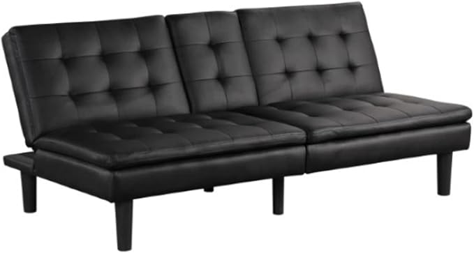 Benzara Berie Futon Sofa Bed Drop-Down Tray Cupholder Black Faux Leather