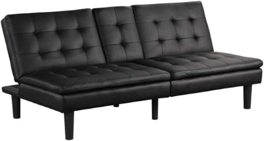 Benzara Berie Futon Sofa Bed Drop-Down Tray Cupholder Black Faux Leather