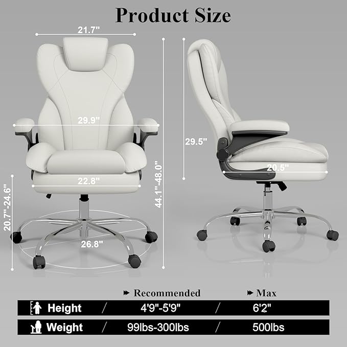 Office Desk Chair Executive Leather Office Chair High Back Ergonomic Home Desk Chair with Padded Flip-up Arms Big and Tall Computer Chair with Rocking Function 360°Swivel Free White