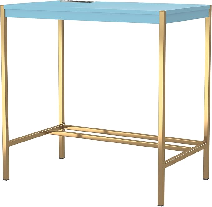 24/7 Shop at Home Fultonville Modern Metal Writing Desk with USB Port Power Outlet for Workstation Home Office Study Room Aruba Blue and Gold