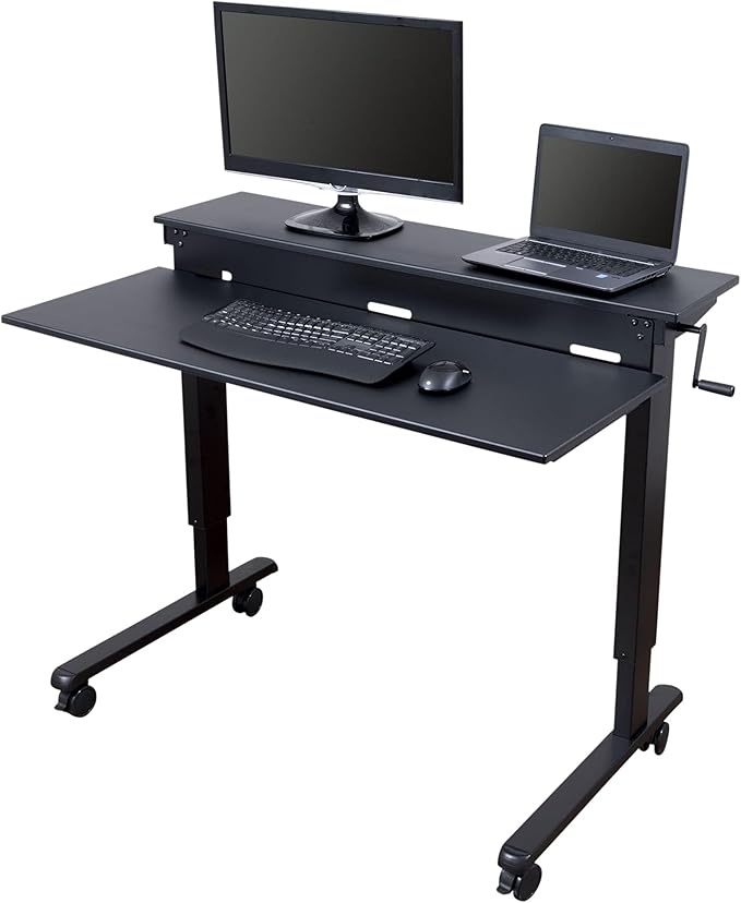 Stand Up Desk Store Crank Adjustable Two Tier Standing Desk with Heavy Duty Steel Frame (Black Frame/Black Top 48 Wide)