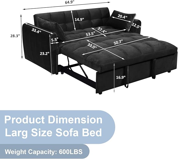 64.9 Velvet Convertible Sofa Bed 3-in-1 Sleeper Loveseat with Adjustable Backrest &amp Soft Armerest Modern Futon for Small Spaces Apartment Living Room Office (Black)