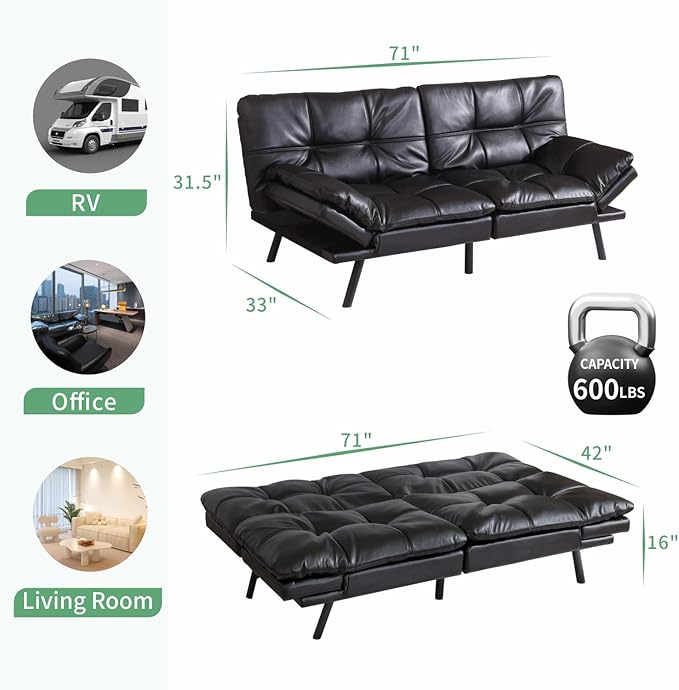 MUUEGM 71 Futon Sofa Bed Convertible Couch Filled with Memory Foam Modern Loveseat with Adjustable Backrest&ampArmrest Sofas for Living RoomGame RoomDormitoryOffice.Black Leather