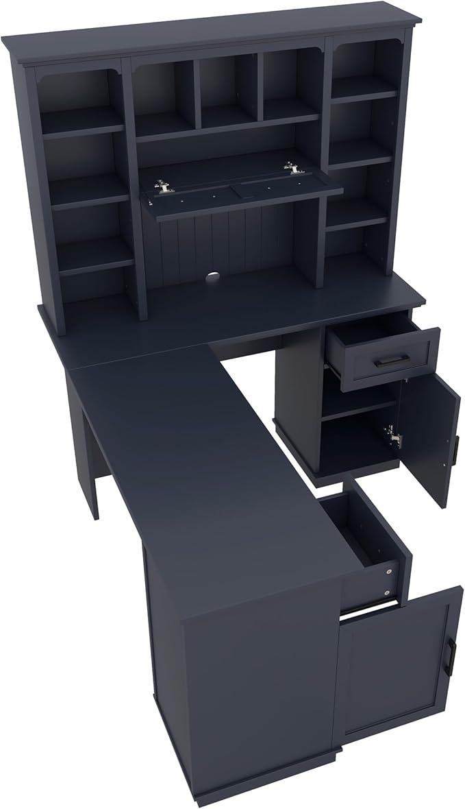 Multi-Function Wood Home Office Computer Desk with Storage Cabinets and Bookcases L-Shaped Executive Desk Writing Desk Study Workstation for Office Study Room (Antique Blue-L)