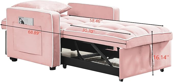 3-in-1 Futon Couch Sofa Bed Chair Convertible Sleeper Sofa with Pull-Out Bed Folding Sofa Bed with Reclining Backrest and Side Pocket Sofa Recliner Single Bed Adult Modern Chair Bed Berth (Pink)