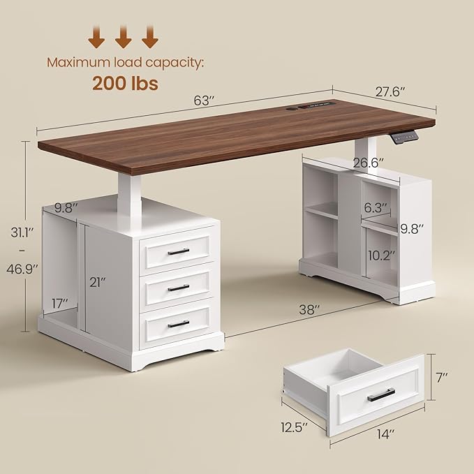 SEDETA Farmhouse Electric Standing Desk 63 Height Adjustable Computer Desk with 3 Drawers Storage Shelves Power Outlets Wood Home Office Stand up Desk for Work Study Writing White