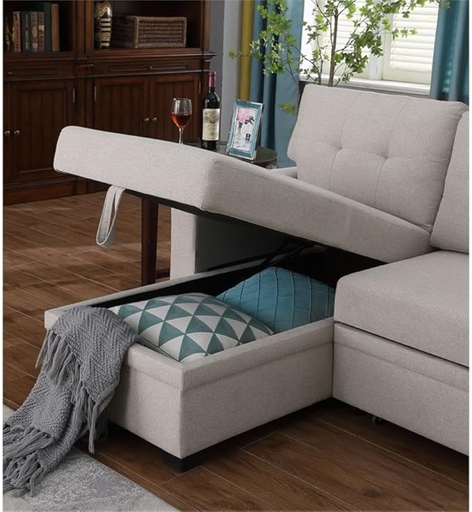 Devion Furniture L-Shaped Polyester Fabric Reversible Easy Convertible Pull-Out Sleeper Sectional Sofa/Storage Chaise with Tufted Back Cushions and Track Arms in Beige