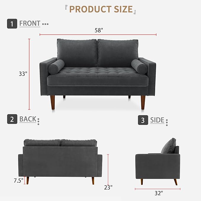 SILKIR Velvet Loveseat Sofa Love Seats Furniture for Small Spaces Mid-Century Modern Loveseats for Living Room Love Seat Couch 58 Inches Grey