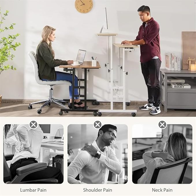 Garvee Portable Standing Desk Adjustable Height 26.4-61 Mobile Computer Desk with Wheels Tiltable Top &amp CPU Stand Rolling Laptop Table Cart for Home Office Light Walnut