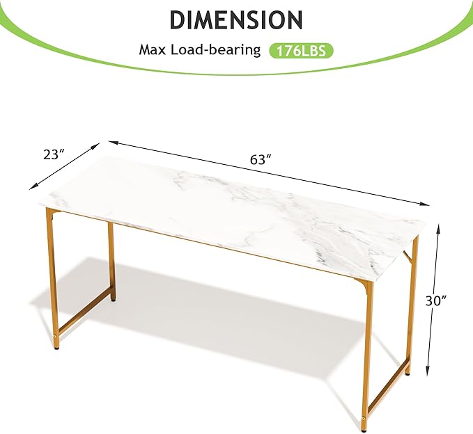 63 Inch Large Computer Gaming Desk Modern Simple Style Office Computer Table for Bedroom Writing Work Study Table with Metal Frame for Home Office Large Legroom Gold