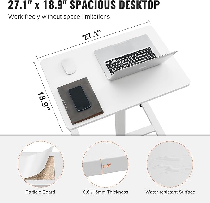 VEVOR Mobile Standing Desk 28-44 Gas-Spring Height Adjustable Sit-Stand Desk 4 360° Swivel Wheels (2 Lockable) Portable Rolling Laptop Table Computer Cart for Home Office School 40LBS Loading