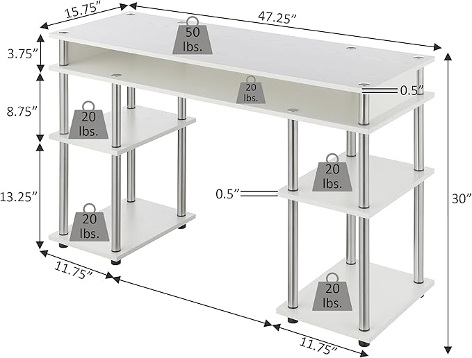 Convenience Concepts Designs2Go No Tools Desk Home Office Desk with Shelves Corner Shelf Vanity Desk Computer Desk Nail Table for Nail Tech - 47.25 L x 15.75 W x 30 H Blue