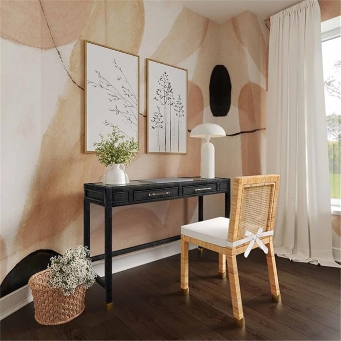 Pemberly Row Modern Rattan Desk 47.2 W x 15.8 D x 31.1 H Wood Frame with Glass Top Charcoal Finish 2 Soft-Close Drawers Handmade Contemporary Writing Desk for Home or Office