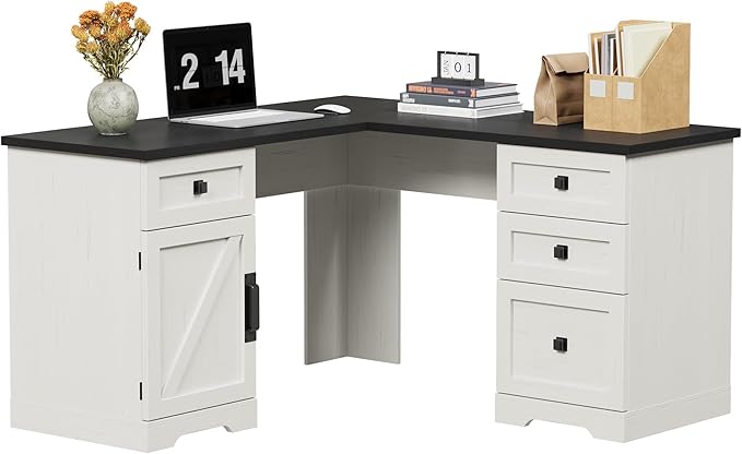 60 L Shaped Executive Desk Farmhouse Style Home Office Corner Computer Desk with File Drawers and Adjustable Side Storage Cabinet Black