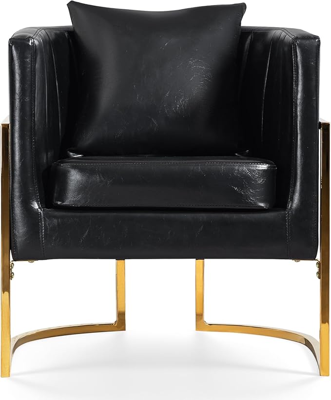 Modern Leather Accent Chairs Set of 2 Mid Century Upholstered Barrel Armchair with Pillow for Living Room Comfy Single Vanity Chair with Metal Gold Legs for Bedroom Black
