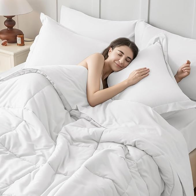 JOLLYVOGUE Full Comforter Set Ultra-Soft Bed in a Bag Full Size 7 Pieces Oeko-TEX Certified Bedding Set with Down Alternative Comforter Sheets Pillowcases &amp Shams White