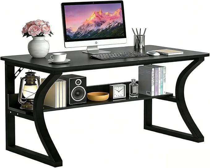 47'' Computer Desk w/Storage &amp Cable Management Home Office Desk w/Sturdy U-Shaped Metal Frame &amp Water-Resistant Scratchproof Surface Study Writing Desk for Office &amp Bedroom Black
