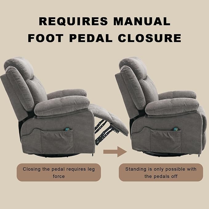 Swivel Rocker Recliner Chair with Massage and Heat Overstuffed Nursery Recliners Oversized Fabric Single Sofa Manual Reclining Home Theater Lounge Chairs for Living Room Adults Grey