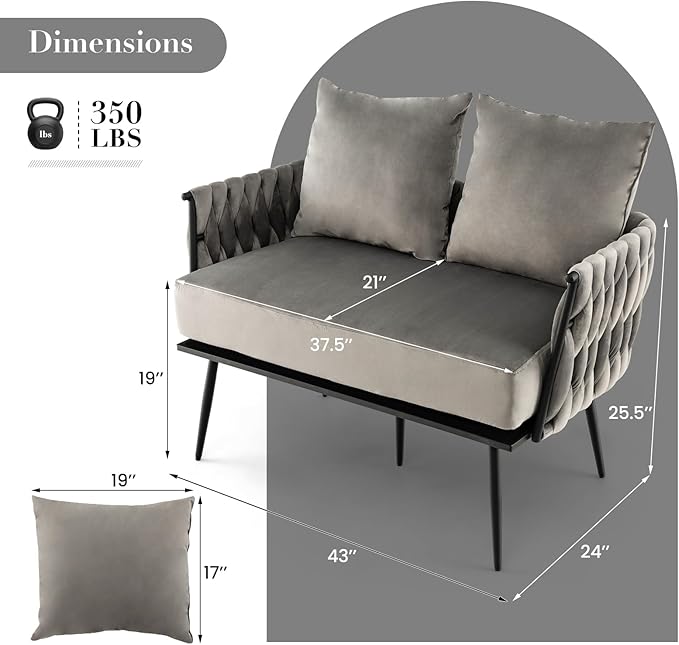KOMFOTT 43” Loveseat Sofa Modern Upholstered 2-Seat Sofa with 2 Back Pillows Woven Backrest &amp Armrest Mid Century Modern Dutch Velvet Sofa for Living Room Bedroom Apartment (Gray)