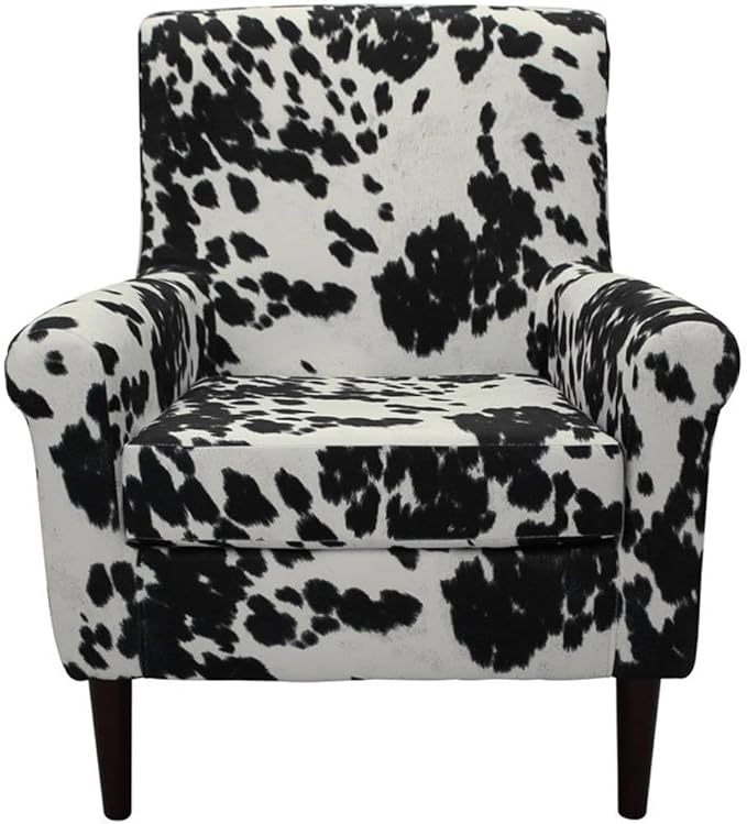 Pemberly Row Fabric Rolled Arm Lounge Chair Cowhide Black Upholstery 17.5 Seat Height Durable Construction Farmhouse or Modern Accent Chair for Living Room or Bedroom Use