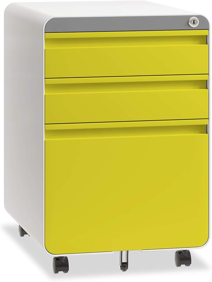 Dripex 3 Drawer File Cabinet Metal Filing Cabinets with Lock Wheels &amp Hanging Rail for A4/Legal/Letter File Anti-tilt Under Desk Design Lockable Rolling Mobile File Cabinet for Home Office (Yel